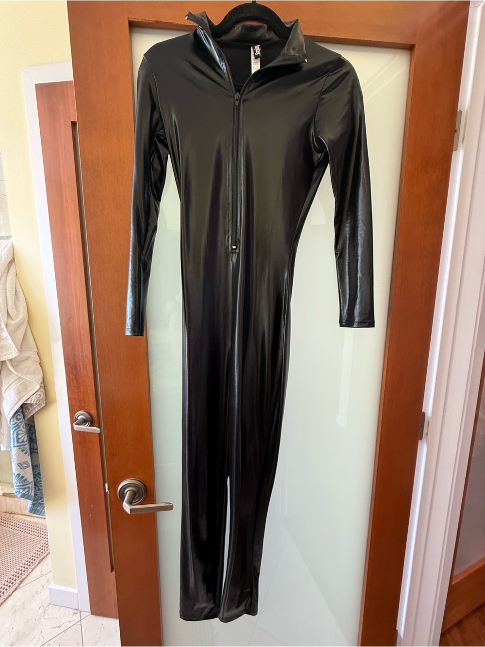 Roma Black Wet Look Zip Front Catsuit Jumpsuit XS/S
